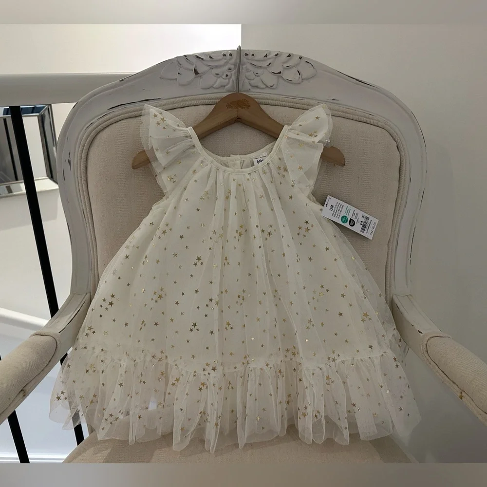 🦢 12 Mth Oshkosh Ivory Tulle Fancy Dress with Gold Star Details NWT - Picture 2 of 14